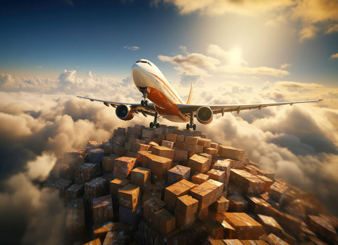 AI generated illustration of a plane flying over a pile of boxes