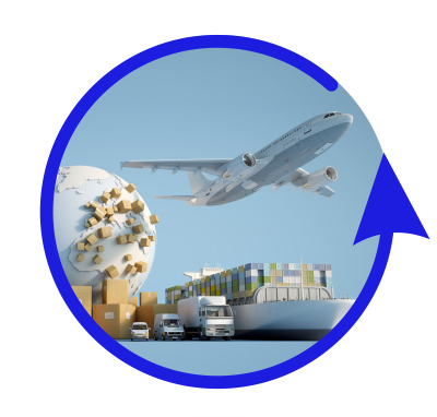 plane, cargo boat, trucks within a open circle arrow